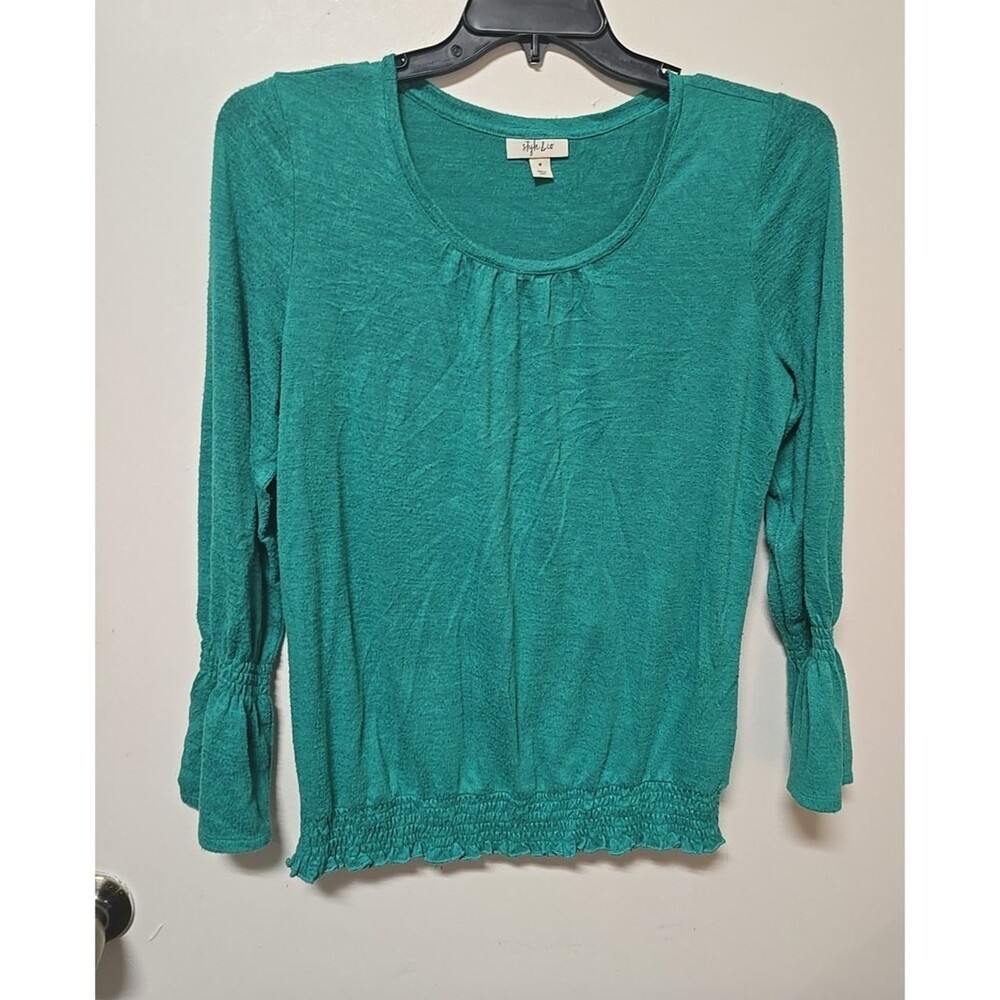 STYLE&CO Womens Stretch Polyester LONG Sleeve Blouse EMERALD GREEN MEDIUM